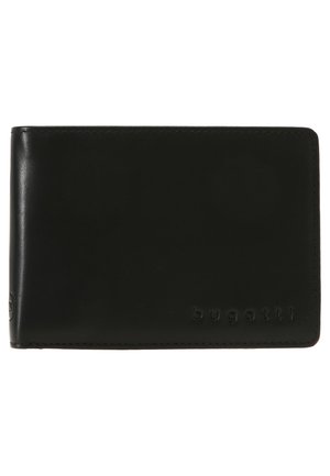 Billetera de cuero negro con una textura suave, diseño de doble plegado y logo "bugatti" en relieve en el frontal. Estilo minimalista y bordes redondeados.