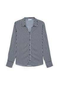 Camicia a maniche lunghe a righe bianche e nere con colletto, chiusura con bottoni e polsini a contrasto con strisce orizzontali. Trama del tessuto liscia.
