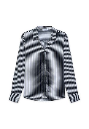 Camicia a maniche lunghe a righe bianche e nere con colletto, chiusura con bottoni e polsini a contrasto con strisce orizzontali. Trama del tessuto liscia.