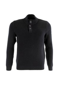 Maglione nero a costine con colletto alto e patta con tre bottoni. Caratterizzato da maniche lunghe e una consistenza solida, realizzato in un tessuto elastico.