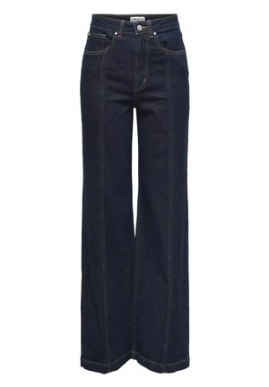 Donkerblauwe jeans met hoge taille en wijde pijpen, vooraan met naaddetail, knoopsluiting en zakken voor- en achteraan.