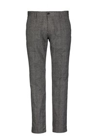 Grau melierte Wollmischungshosen mit Karomuster, flacher Vorderseite und geradem Bein. Mit Knopfverschluss und Gürtelschlaufen.