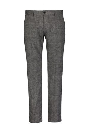 Grau melierte Wollmischungshosen mit Karomuster, flacher Vorderseite und geradem Bein. Mit Knopfverschluss und Gürtelschlaufen.