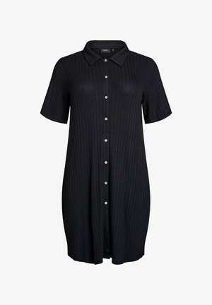 Melnā īsā piedurkne pogājama kleita, kurai ir ribota tekstūra, apkakles piegriezums un baltas pogas pa priekšu. Pusgarš dizains.