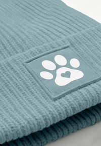 Turquoise knitted beanie with a ribbed texture, featuring a rectangular patch displaying a white paw print and heart symbol.