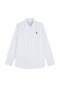 Camicia a maniche lunghe a righe celesti e bianche, con colletto, abbottolata davanti, con un piccolo emblema di teschio e ossa incrociate nero sul petto.