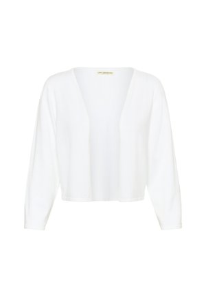 Cardigan blanco recortado de abertura delantera con mangas largas y un tejido de punto suave y ligero.