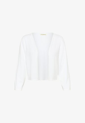 Biała, krótka kardigan z otwartym przodem, z długimi rękawami i miękkim, lekkim dzianinowym materiałem.