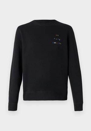 Zwarte sweatshirt van zachte stof, met een ronde hals, geribbelde manchetten en decoratieve multicolor geborduurde tekst op de borst.