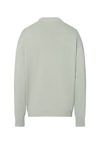 Hellgrüner Strickpullover mit Rippstruktur, oversized Passform, überschnittenen Schultern und Polo-Kragen. Mit enganliegenden Abschlüssen und Saum.