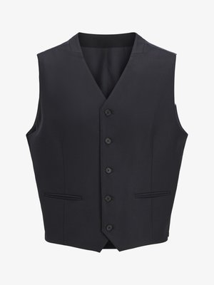 Tamsiai mėlyna liemenė, pagaminta iš audinio, su V formos iškirpimu, šešiais priekiniais mygtukais, dviem siaurais kišenėmis ir lygiu paviršiumi.