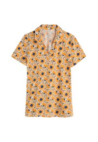 Blúzka s krátkym rukávom s kvetinovým vzorom, na ktorej sú oranžové slnečnice a tmavomodré akcenty na svetlom béžovom pozadí.
