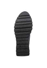 Suela de zapato de goma negra con patrones texturizados, que presenta el nombre de la marca "wonders" y acentos circulares. Estriada para ofrecer tracción y soporte.