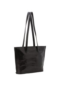 Borsa a tracolla in pelle nera con due manici lunghi, forma rettangolare, texture liscia e design minimalista. Nessun hardware o motivo visibile.