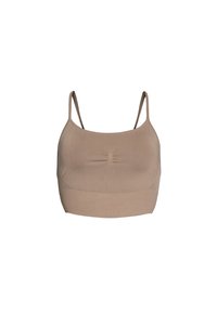 Beige bezšvová braletka s tenkými nastavitelnými ramínky, na přední části s nařasením a hladkým povrchem. Bez zapínání.