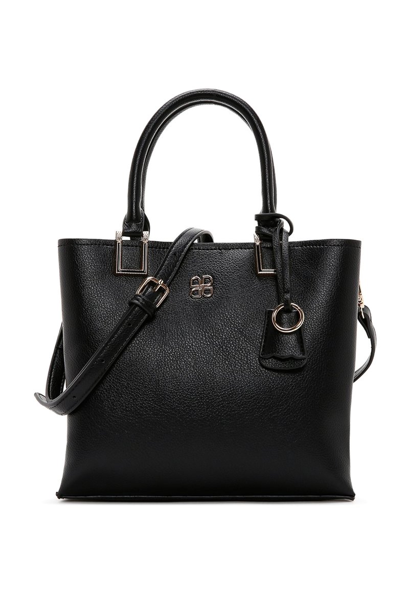 Borsa tote in pelle nera con due manici robusti, una tracolla regolabile e dettagli in metallo dorato. Superficie testurizzata e dettaglio con logo.