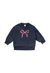 Navy blue long-sleeve toddler sweatshirt with ribbed cuffs and hem, featuring a large pink bow graphic on the front.