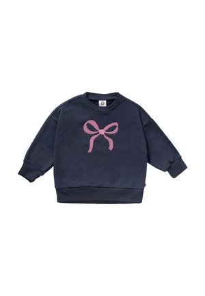 Marineblauwe peuter sweatshirt met lange mouwen, voorzien van ribgebreide boorden en zoom, met een grote roze strikafbeelding op de voorkant.