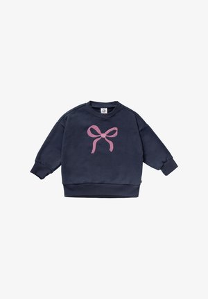 Sweatshirt pour tout-petit à manches longues bleu marine avec des poignets et un ourlet côtelés, arborant un grand graphique de nœud rose sur le devant.