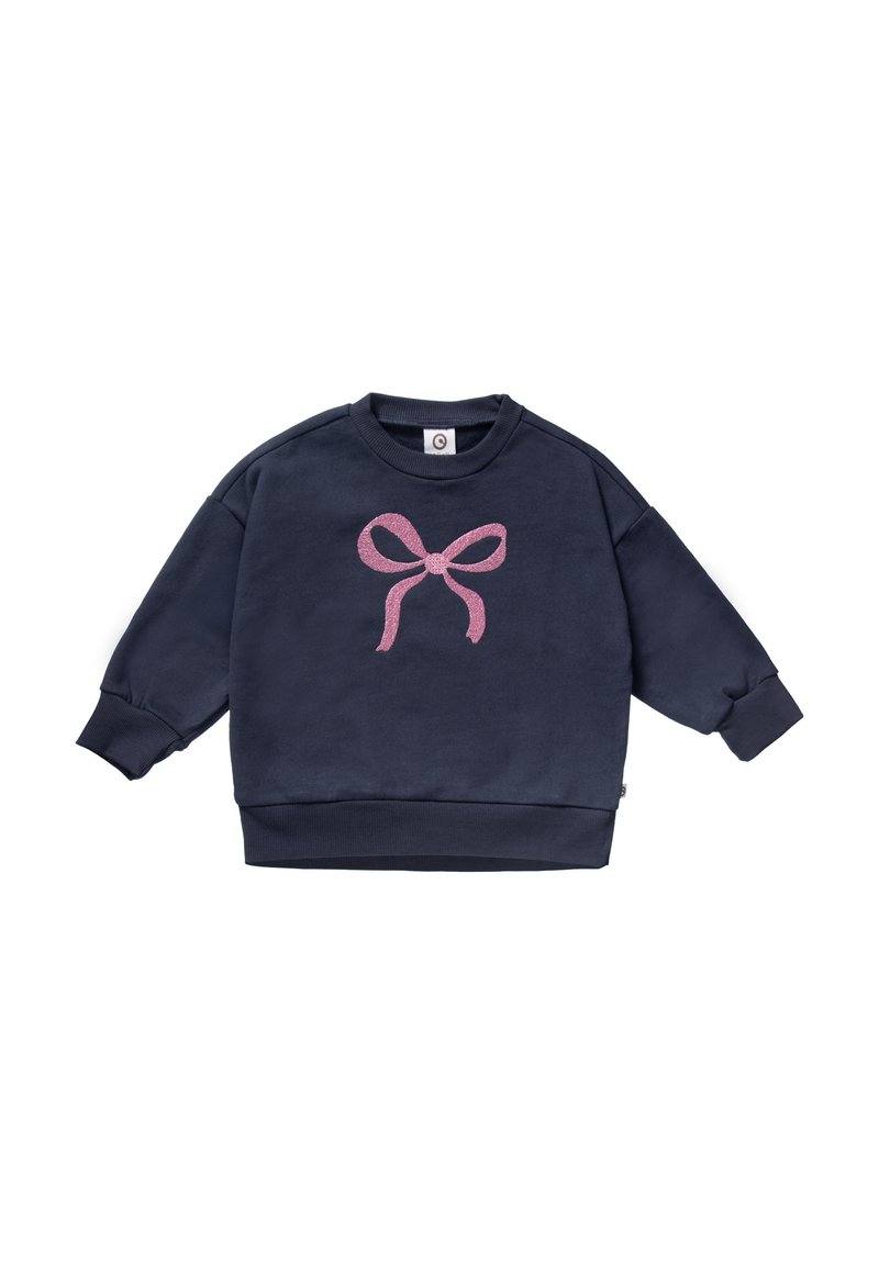 Navy blue long-sleeve toddler sweatshirt with ribbed cuffs and hem, featuring a large pink bow graphic on the front.