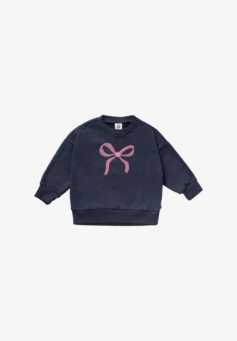 Navy blue long-sleeve toddler sweatshirt with ribbed cuffs and hem, featuring a large pink bow graphic on the front.