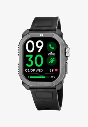 Montre intelligente avec bracelet noir affichant l'heure 09:30, la date 03/09 mercredi, fréquence cardiaque 89 bpm, batterie 89 %, icônes d'appel et de course.