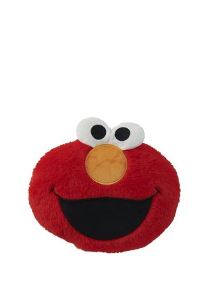 Red plush cushion shaped like a smiling cartoon face with large white eyes and an orange nose on a white background.