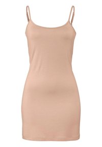 Ljust beige åtsittande linneklänning med spagettiband, slät textur och en enkel design, som slutar vid mitten av låret med en rundad fåll.