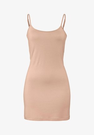 Vaaleanbeige istuva toppimekko, jossa on ohuet olkaimet, sileä pinta ja yksinkertainen muotoilu. Mekko ulottuu puoliväliin reisiä ja siinä on pyöristetty helma.