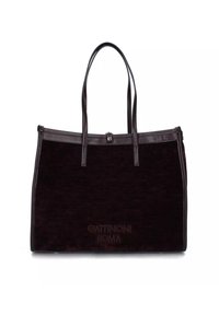 Borsa tote rettangolare marrone scuro con manici lunghi e una piccola chiusura a gancio in metallo, con "Gattinoni Roma" impresso sul davanti.