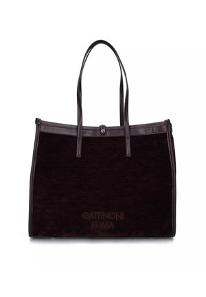 Borsa tote rettangolare marrone scuro con manici lunghi e una piccola chiusura a gancio in metallo, con "Gattinoni Roma" impresso sul davanti.
