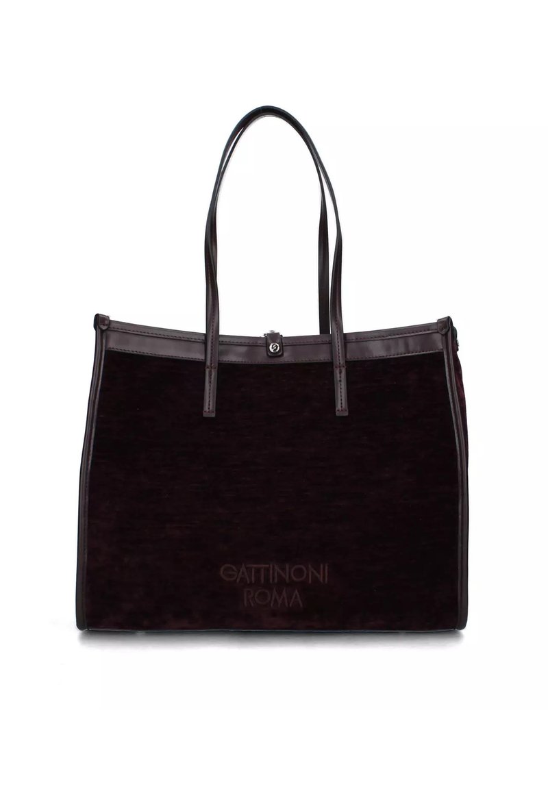 Borsa tote rettangolare marrone scuro con manici lunghi e una piccola chiusura a gancio in metallo, con "Gattinoni Roma" impresso sul davanti.