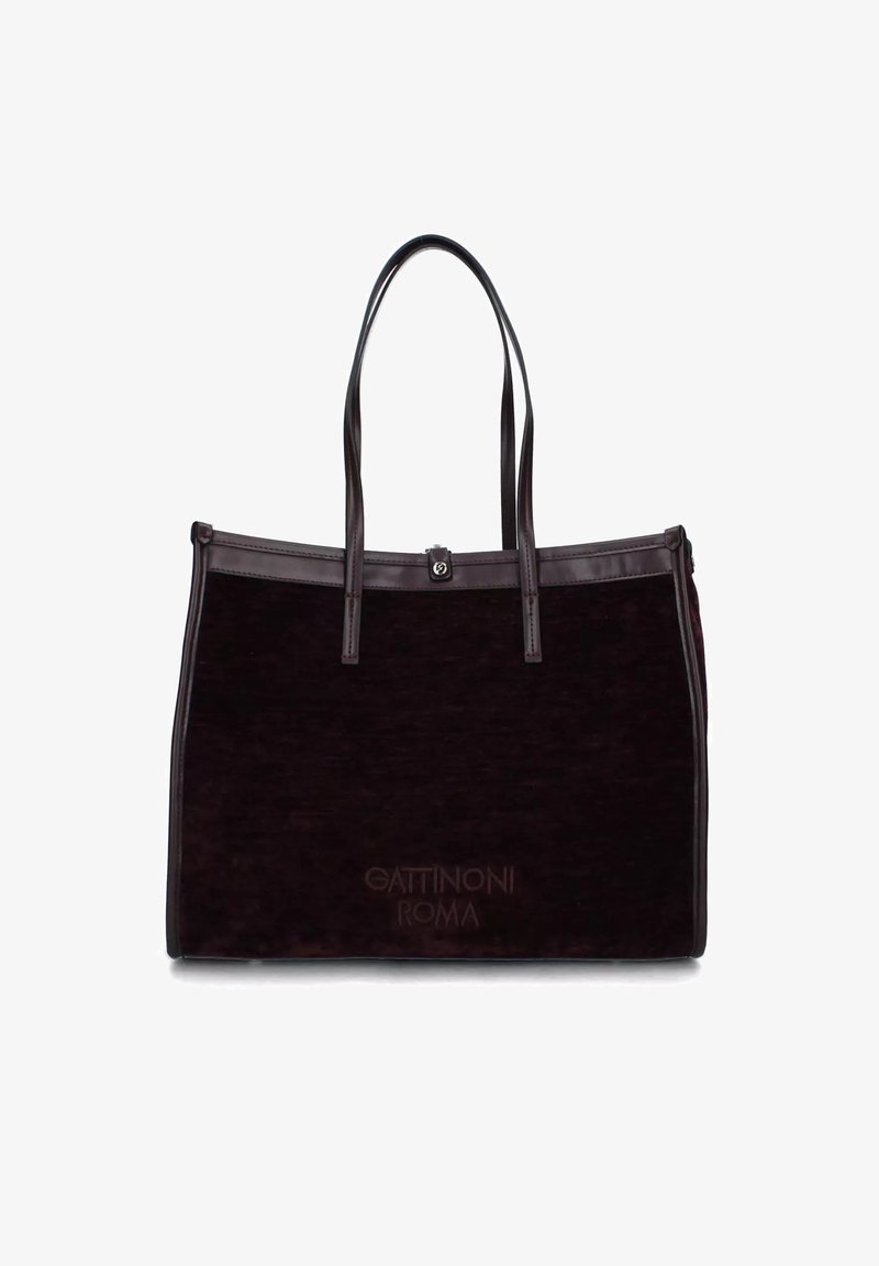 Borsa tote rettangolare marrone scuro con manici lunghi e una piccola chiusura a gancio in metallo, con "Gattinoni Roma" impresso sul davanti.