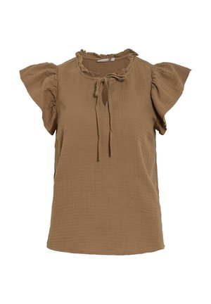 Blouse marron clair à manches courtes avec un col et des manches à volants, dotée d'un détail noué à l'avant et d'un tissu texturé.
