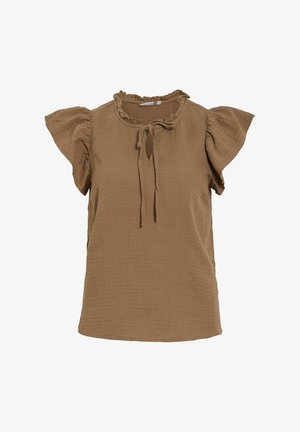 Blouse marron clair à manches courtes avec un col et des manches à volants, dotée d'un détail noué à l'avant et d'un tissu texturé.