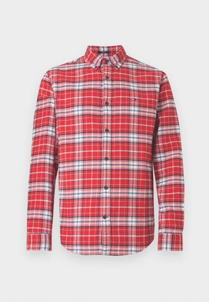 Rot kariertes Hemd mit langen Ärmeln, einem Button-Down-Kragen und kontrastierenden blau-weißen Karomustern. Mit vorderem Knopfverschluss und abgerundetem Saum.