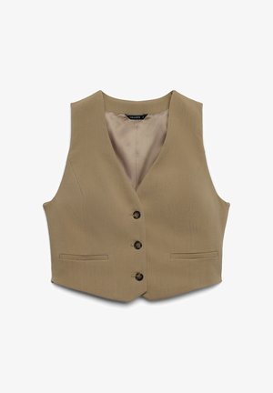 Beige tailored vest with a V-neck, five front buttons, and two side pockets. Made from textured fabric with a smooth interior lining.