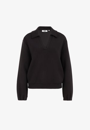 Juodas džemperis su V formos iškirpte ir apykakle, ilgomis rankovėmis ir elastingomis apykaklėmis. Minkšta medžiaga, laisva siluetas ir minimalistiškas dizainas.