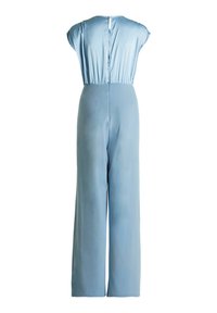 Helle blaue Jumpsuit mit kurzen Ärmeln, elastischem Bund und weitem Bein. Verfügt über einen Schlüsselrücken und eine glatte, satinartige Textur.