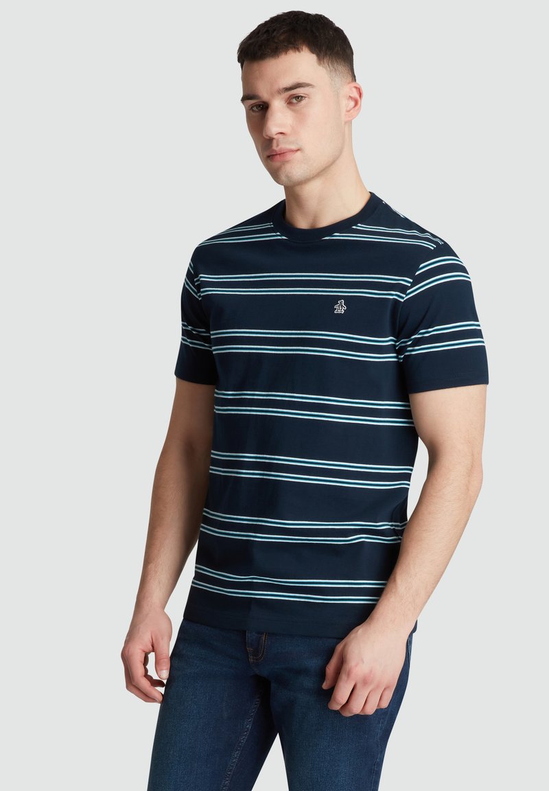Navy blue short-sleeve t-shirt featuring horizontal mint green stripes and a small logo on the chest. Soft cotton material.