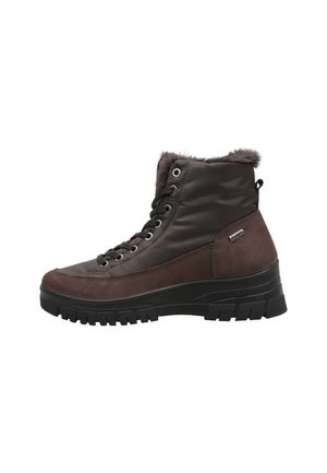 Botte d'hiver marron foncé à lacets avec semelle noire épaisse à crampons et doublure en fausse fourrure autour de la cheville et à l'intérieur de la tige.