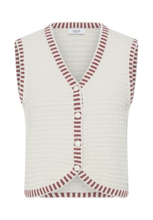 Veste sans manches blanche en tricot avec boutons à l'avant et bordures à rayures bordeau sur les bords et le col.