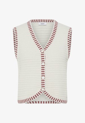 Veste sans manches blanche en tricot avec boutons à l'avant et bordures à rayures bordeau sur les bords et le col.