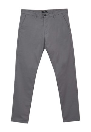Graue Hose aus glattem Stoff, mit geradem Beinansatz, Fronttaschen und einem Knopfverschluss an der Taille.