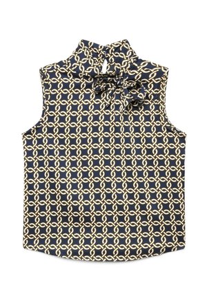 Blouse bleu marine sans manches avec motif chaîne beige et détail nœud papillon au col montant.