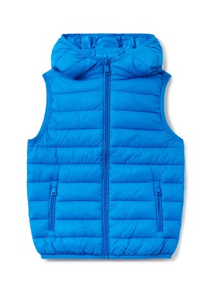 Niebieska kamizelka puchowa z przeszywanym wzorem, kapturem, pełnym zamkiem błyskawicznym i bocznymi kieszeniami. Wykonana z lekkiego, błyszczącego materiału.