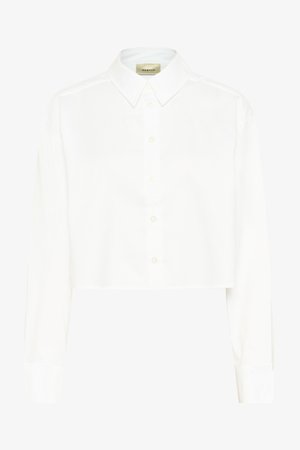 Biela krátka košeľa s dlhými rukávmi, špicatým golierom a gombíkovou légou. Vyrobená z hladkej tkaniny s čistým, minimalistickým dizajnom.
