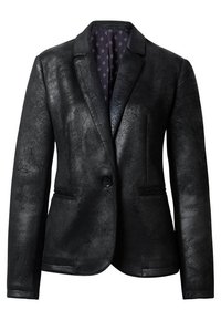 Blazer en faux cuir noir au design structuré, avec une fermeture à un bouton et deux poches avant. Doublure détaillée avec un motif violet.