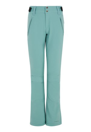 Helle türkisfarbene Skihose aus weichem, flexiblem Material. Sie hat einen Bund mit schwarzen Akzenten, zwei vordere Reißverschlusstaschen und ein leicht ausgestelltes Bein.