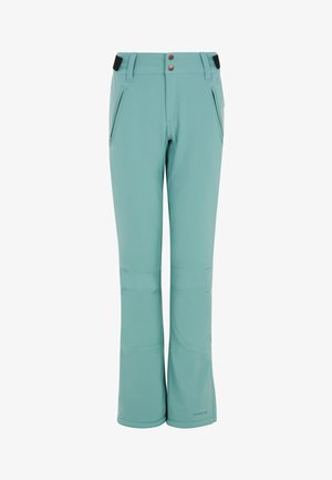 Svijetlo tirkizne skijaške hlače napravljene od mekanog, fleksibilnog materijala. Imaju pojas s crnim akcentima, dva prednja zip džepa i lagano proširene nogavice.